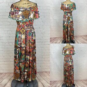 Off Shoulders Boho Print Ruffled Multi Tiered Maxi